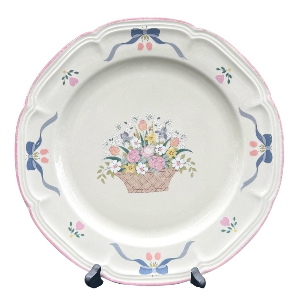 Sango Chesapeake 1987 Stoneware Dinner Plate Floral Basket Bows Vintage 254582